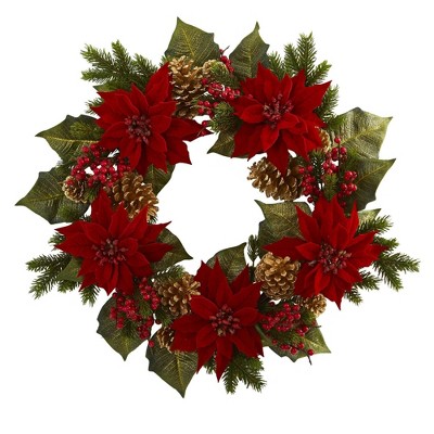 Nearly Natural 24” Poinsettia, Berry and Golden Pine Cone Artificial Wreath