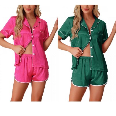 INSPIRE CHIC Women's 2 Pcs Satin Pajamas Silky Short Sleeve Button Down Pajama Sets