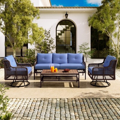 4-Piece Rattan Patio Seating Set,360° Swivel Wicker Patio Accent Chair Set Of 2,Rectangle Table,Sectional Patio Sofa With Cushions -Maison Boucle