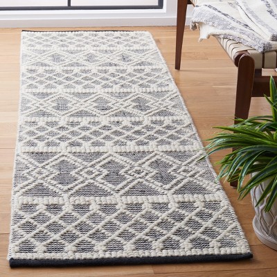 Ivory and Black Geometric Wool and Cotton Runner Rug