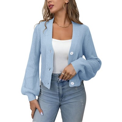 Womens Chunky Sweater Cardigan Front Button Lantern Sleeve Sweater Knit Shrugs,Sky Blue - 2XL