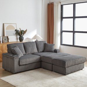 TiramisuBest 84" 3-Seater Corduroy Sofa w/ 3 Back Pillows, 2 Ottomans, Storage & Cup Grooves - Deep Plush Seating for Living Room,Grey - 1 of 4