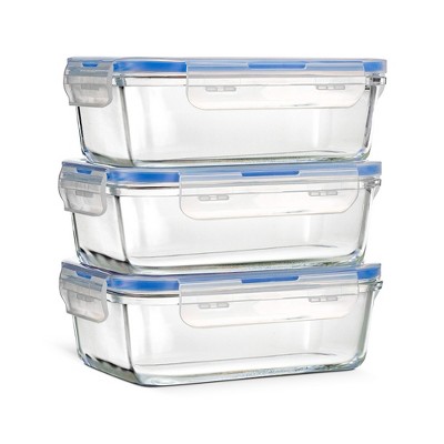 OSTO 3-Pack Clear Glass Food Storage Containers with Blue Locking Lids; 35 Oz. Microwave and Dishwasher Safe Food Containers, Rectangular BPA-Free