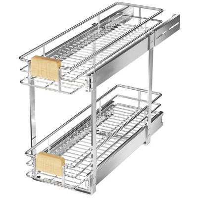 LOVMOR 2 Tier Pull Out Cabinet Organizer 7½" W x 21½" D, Slide Out Drawers with Wooden Handle, Sliding Shelves Organization