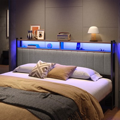 Pinmoco Headboard for King Size Bed with Storage, Linen Upholstered Head Board with LED Light and Charging Station, Gray