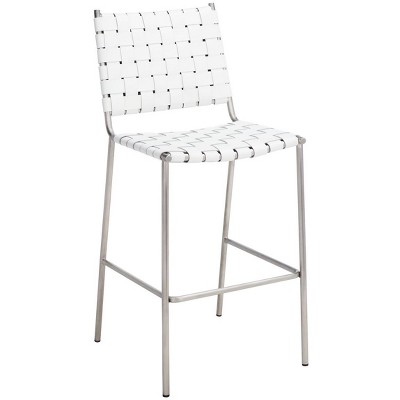 Saddle Style Woven White Leather Counter Stool with Silver Metal Base