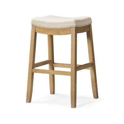 HomeRoots 31" Bone and Natural Faux Leather and Solid Wood Backless Bar Height Bar Chair