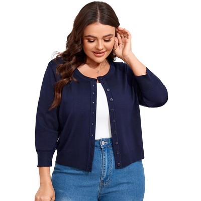 Women Plus Size Cardigans Round Neck Knit Cardigan Open Front Sweater 3/4 Sleeve Cardigan Button Outwear
