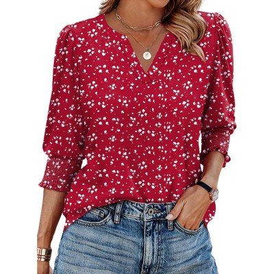 Women Print Tops Dressy Casual Shirts Smocked Cuffs 3/4 Sleeve Tees Boho Tunic