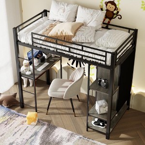 Whisen Twin Size Metal Loft Bed with Built-in Wardrobe, Desk and Shelves - 1 of 4