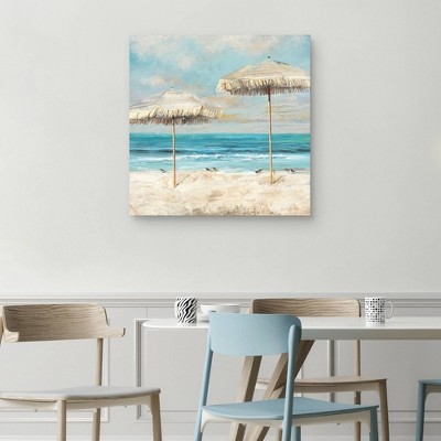 30" x 30" Coastal Beach Scene with Straw Umbrellas Canvas
