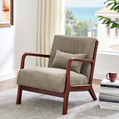 Natural Wooden Lounge Chair with Ribbed Corduroy Upholstery and Cushion for Living Room, Bedroom or Reading Corner-The Pop Home