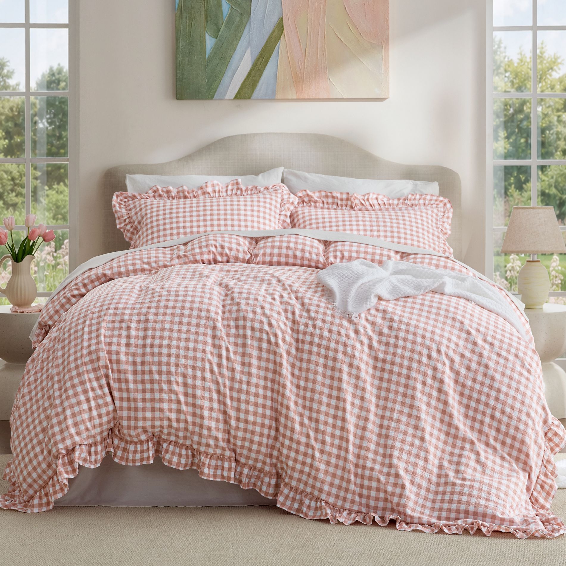 Bedsure Gingham Ruffle Duvet Cover, Soft Pre-Washed Microfiber Checked Plaid Duvet Cover Set, Vintage Farmhouse Bedding Set, Zipper Closure
