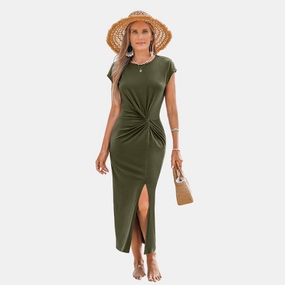 Women's Elegant Olive Green Twist Front Midi Dress - Cupshe