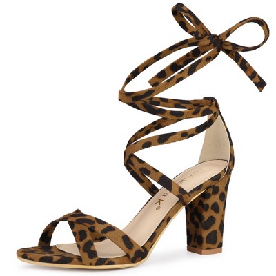 Allegra K Women's Open Toe Lace Up Strap High Block Heel Ankle Sandals
