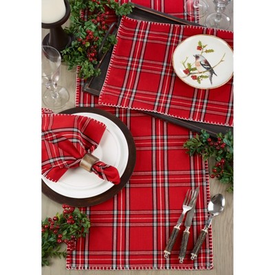 Red Plaid Cotton Dinner Napkins with Whipstitch, Set of 4