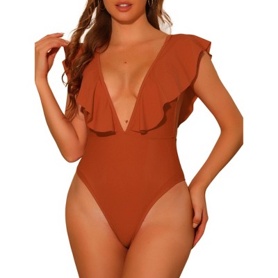 Elerevyo Women's V Neck Ruffled Monokini High Cut Tummy Control Swimwear Bathing Suit One Piece