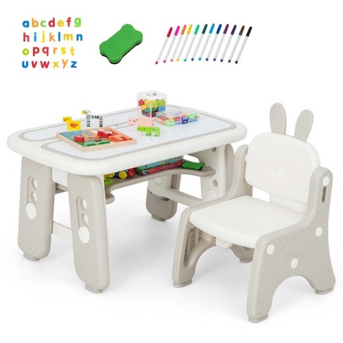 Kids Art Table and Chairs Set with Paper Roll and Storage Bins - Costway