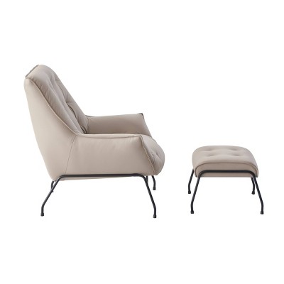 Khaki Top Grain Leather Accent Chair with Metal Frame and Ottoman