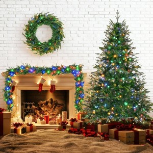 6 FT Pre-Lit Aspen Fir Artificial Christmas Tree with Wreath & Garland – Grass Green, 861 Branch Tips, 380 Multi-Color LED Lights, 11 Lighting Modes - 1 of 4