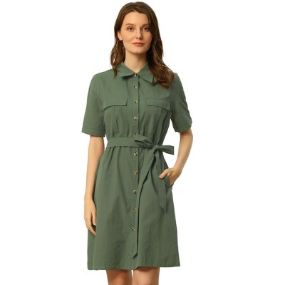 Allegra K Women's Collared Side Pockets Button Up Cotton Belted Shirt Dress  : Target