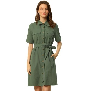 Allegra K Women's Collared Side Pockets Button Up Cotton Belted Shirt Dress - 1 of 4