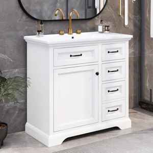 36" Bathroom Vanity With Sink, Bathroom Cabinets Modern With 3 Drawers, Door Organizer, 2 Tip-Out Drawers, And Slide Rail Drawers-Cuddlewood - 1 of 4