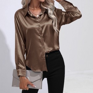 Women's Long Sleeve Shirt Casual Lapel Collar Button Down Blouse - 1 of 3