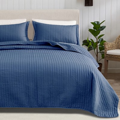 Navy King Microfiber Channel-Stitched All-Season Quilt Set