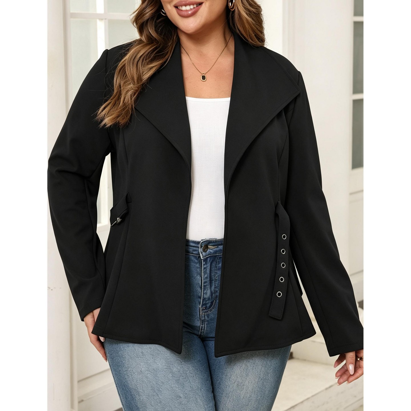 Женская куртка YesFashion Plus Size Women Open‑Front Blazer Jacket Long‑Sleeve Suit Coat Casual Business Outerwear,2XL, Black, цвет: Чёрный — фото 1