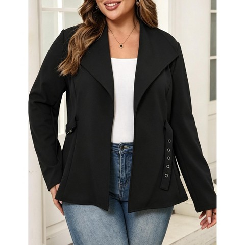 Женская куртка YesFashion Plus Size Women Open‑Front Blazer Jacket Long‑Sleeve Suit Coat Casual Business Outerwear,2XL, Black, цвет: Чёрный
