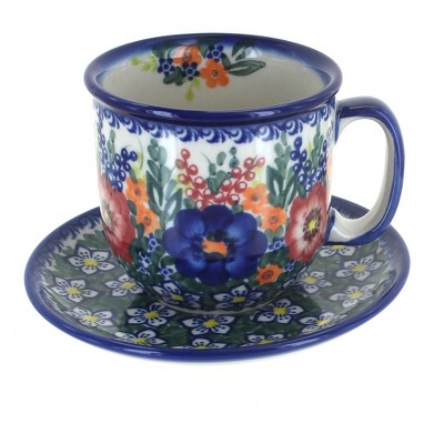 Blue Rose Polish Pottery Berry Bouquet Coffee Cup & Saucer