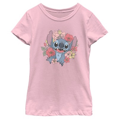 Girl's Lilo & Stitch Floral Distressed Stitch T-shirt - Light Pink ...