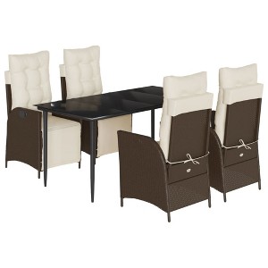 vidaXL 5 Piece Patio Dining Set with Cushions Brown Poly Rattan - 63" Table Length Sharp Leg 4 Items - 1 of 4