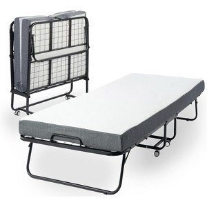 FurnitureR Folding Bed with 5-Inch Memory Foam Mattress – 75"x30" Narrow Twin Rollaway Bed Frame with Wheels, Fold Up, Sturdy Metal Construction - 1 of 4