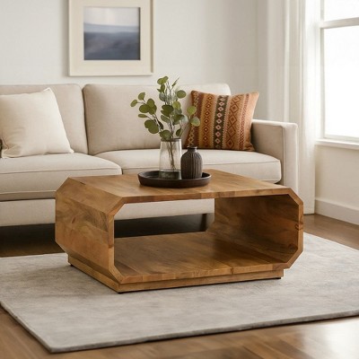 Royal Hampton Coffee Table Handcrafted Hollow Cube Shape Natural Brown Mango Wood, 30 Inch -