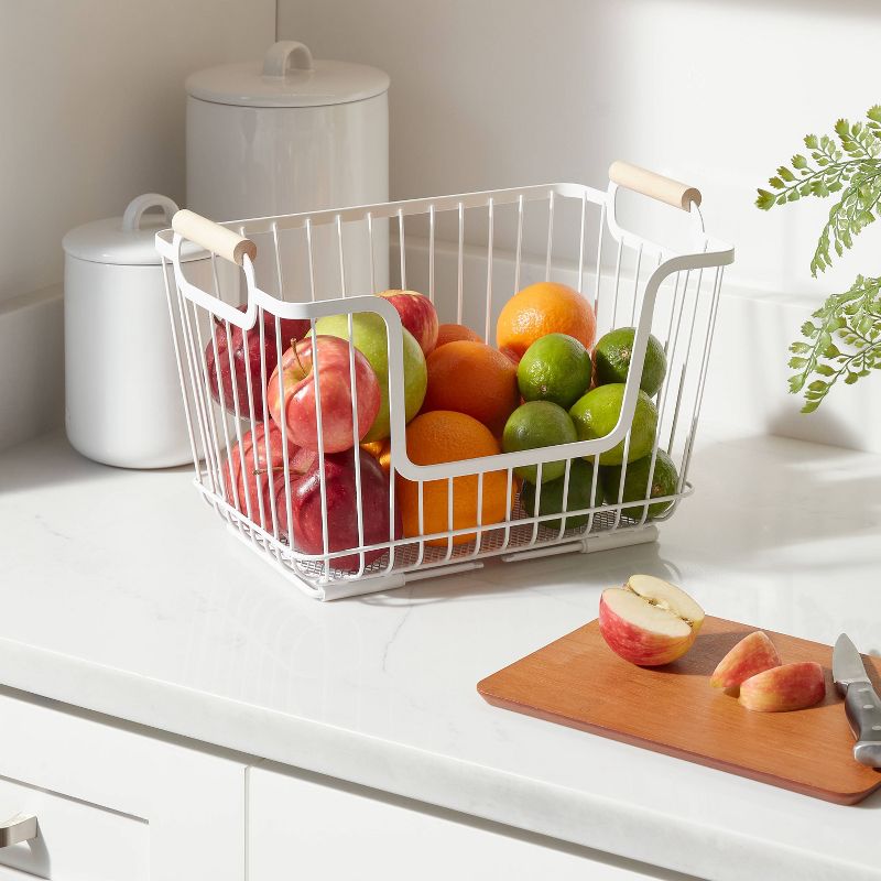 Metal Stackable Wire Pantry Basket with Rubber Wood Handle White - Brightroom&#8482;, 3 of 6