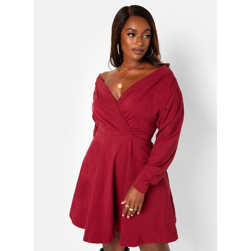 Rebdolls Women s Class Flirt Cotton Off The Shoulder Mini Skater Dress W. Pockets Burgundy 1x Target