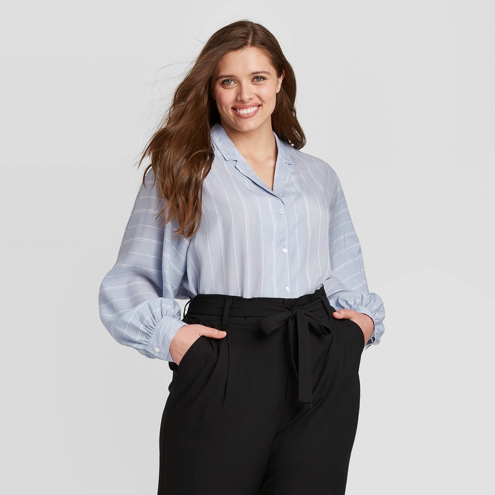 Women's Plus Size Striped Long Sleeve Collared Blouse - Ava & Viv Blue 2X, Women's, Size: 2XL was $27.99 now $16.79 (40.0% off)