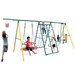 Okak 6-IN-1 Swing Set with Climbing Frame and Climbing Net, Toddler Swing with Glider, Hammock Swing, Belt Swing and Basketball Rim for Yard, Multi - 1 of 4