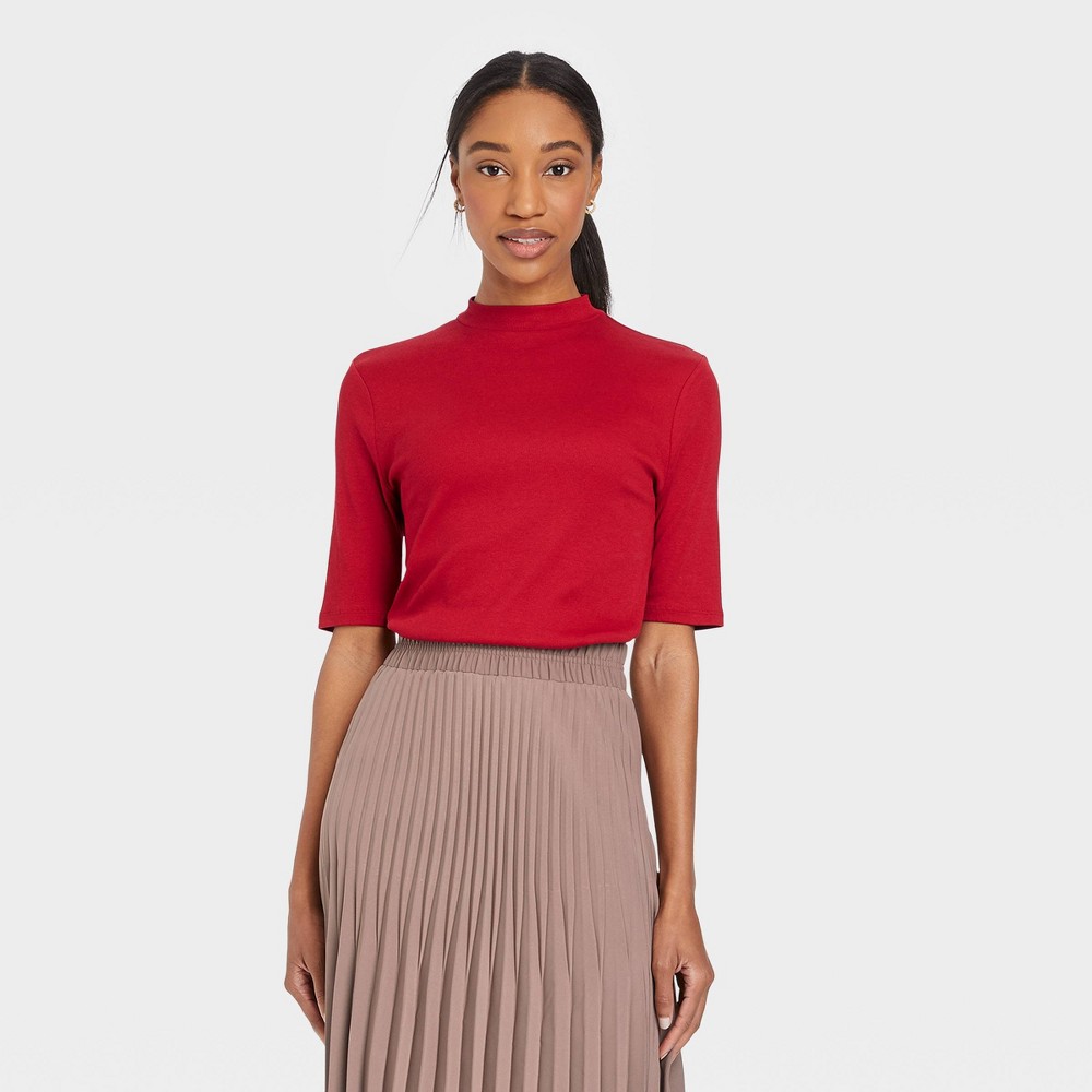 Women's Elbow Sleeve Mock Turtleneck T-Shirt - A New Day Red L