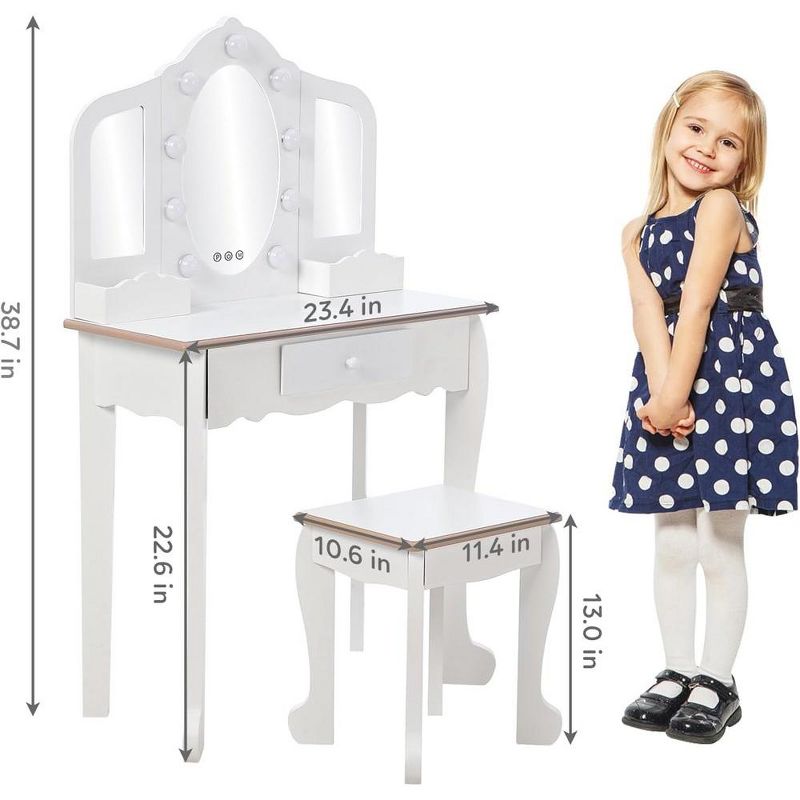 Kids Dressing Table Stool Set, Girls'Vanity Table, Three Mirror Dressing Table with Lamp, Wood Makeup Playset Toy for Age 4-9, 1 of 8