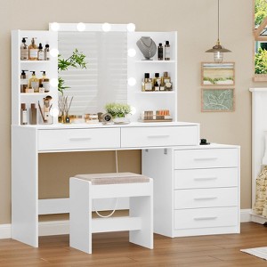 USIKEY 48" Large Vanity Desk with Mirror & Lights, Makeup Vanity Table with 6 Drawers & Power Outlet, 4 Open Storage Shelves and Stool - 1 of 4