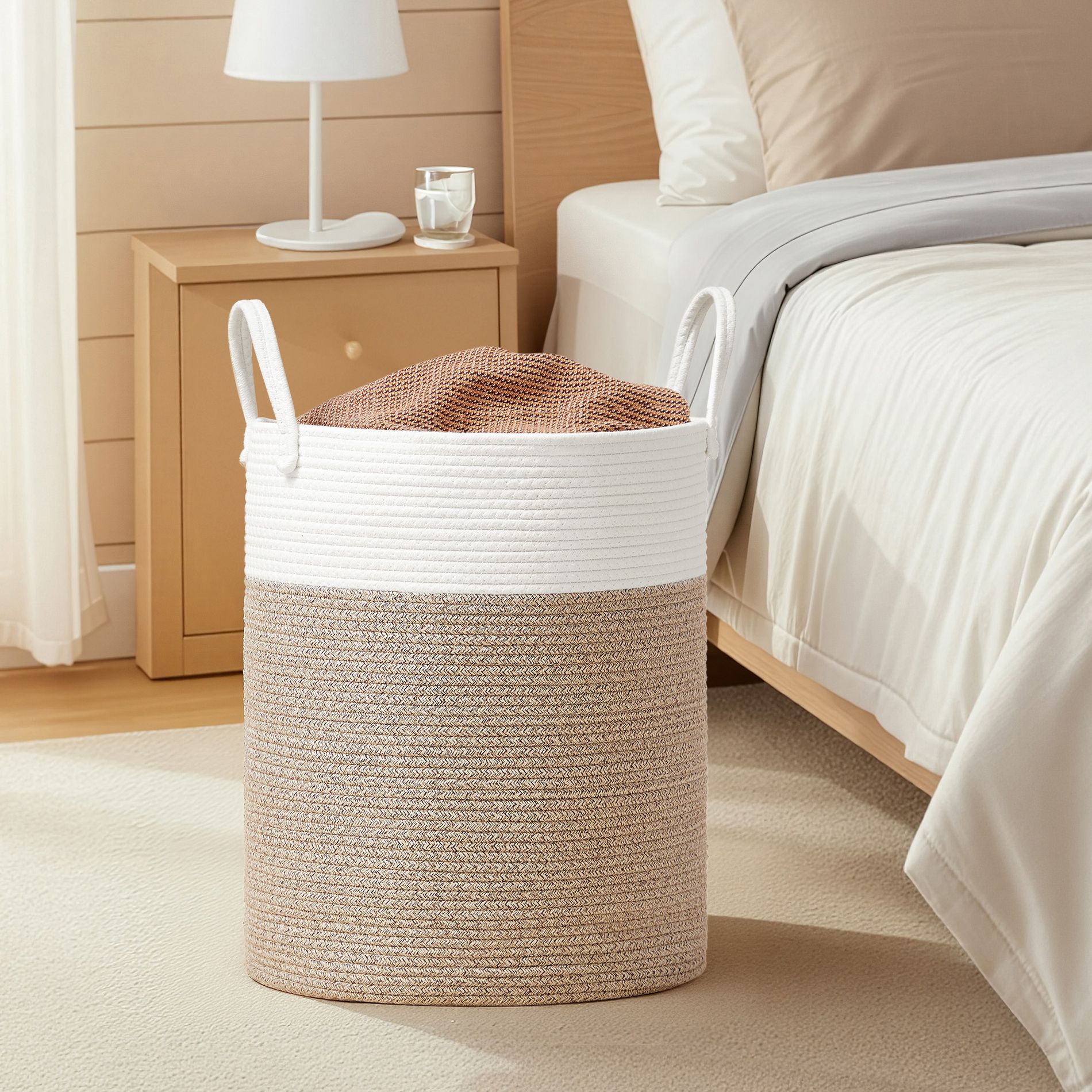 LEDREM Tall Woven Rope Laundry Basket, 13.2 Gal Storage Bin for Blankets Toys Clothes, Cotton Rope with Handles