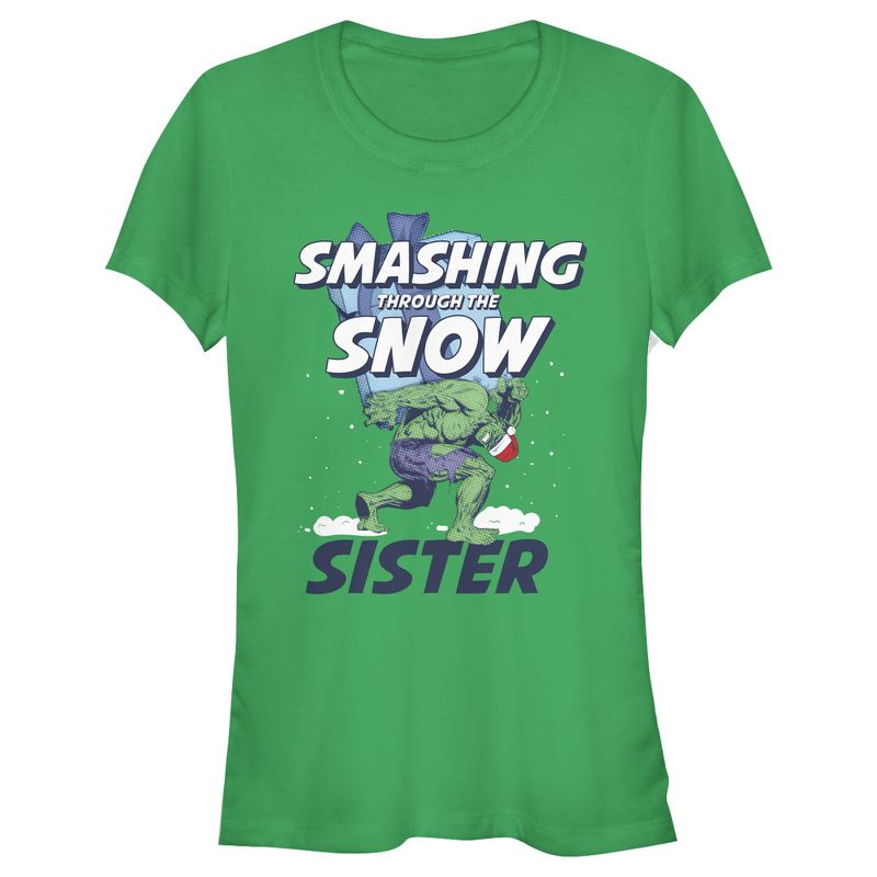 Juniors Womens Marvel Christmas Hulk Sister Snow T-Shirt, 1 of 4