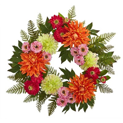 20" Artificial Dahlia and Greenery Wreath - Nearly Natural