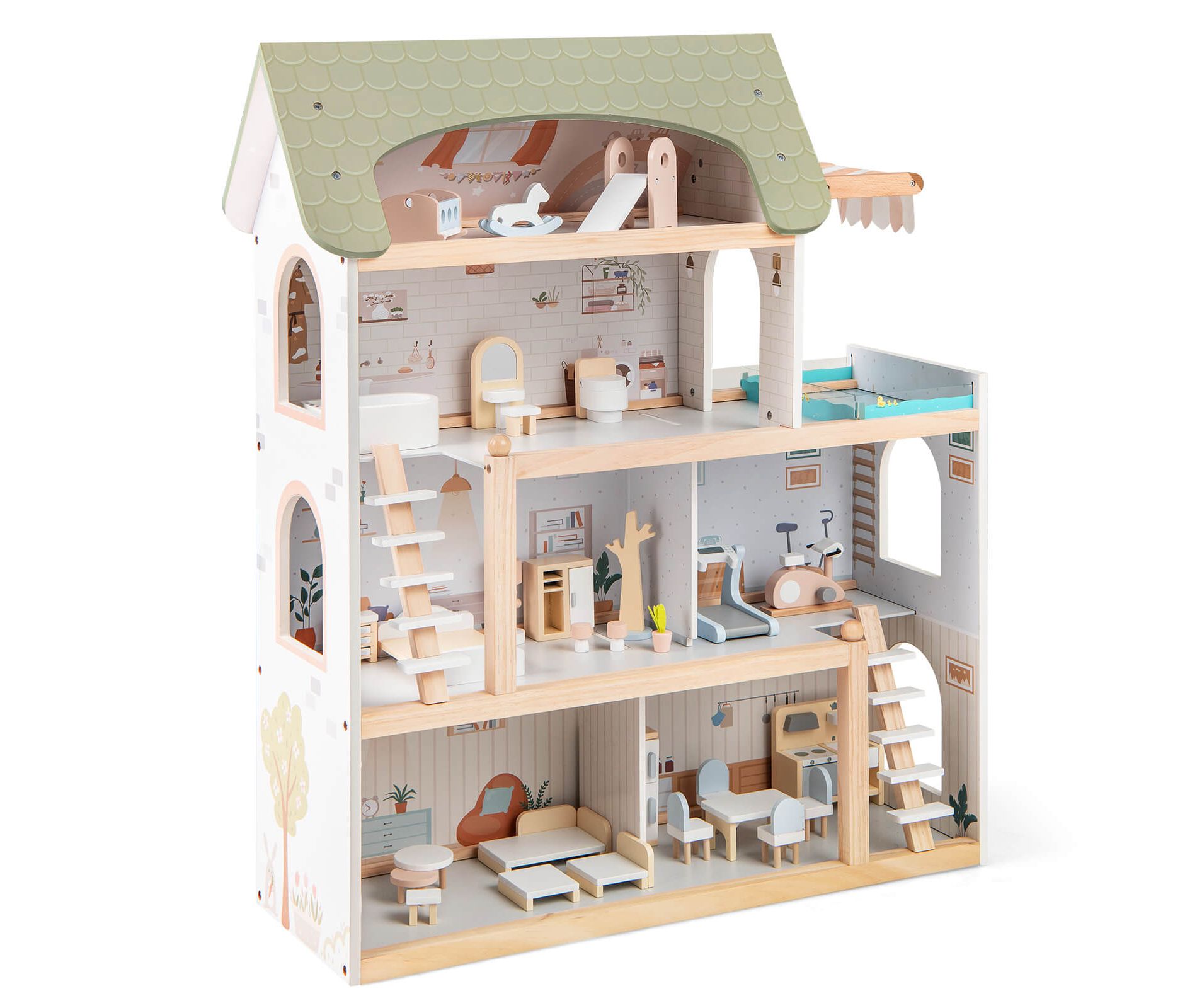 Costway Kids Wooden Dollhouse 4-Story Modern Doll House with 33Pcs Furniture Accessories