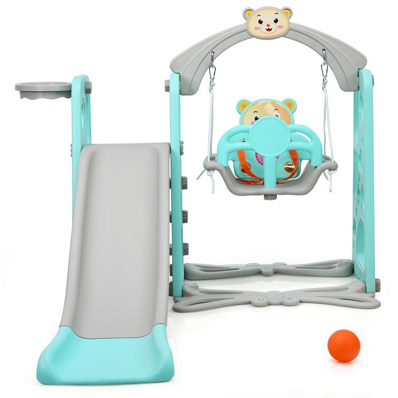 Costway 4-in-1 Toddler Climber and Swing Set w/ Basketball Hoop & Ball Pink\Green, 1 of 11