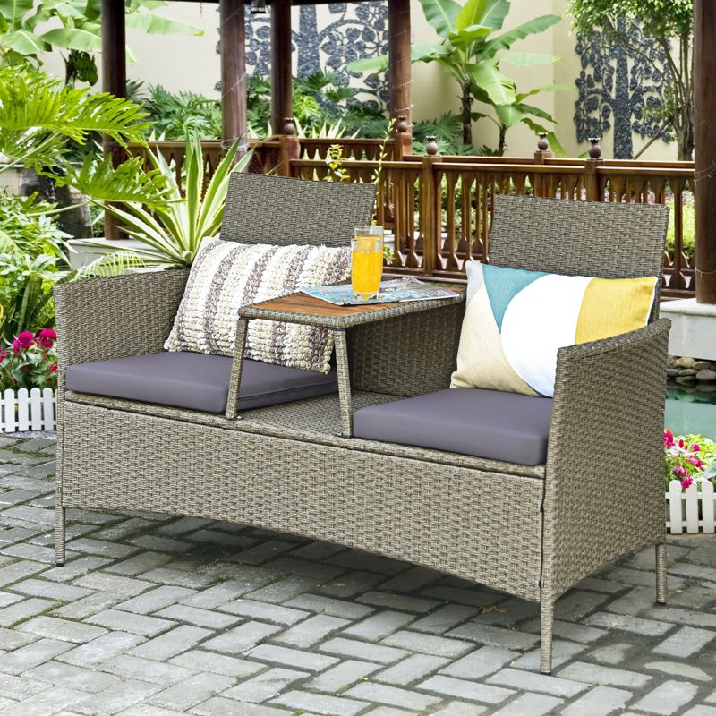 Tangkula Outdoor Patio Rattan Loveseat Sofa Double Conversation Set w/Cushion & Built-in Table, 3 of 11