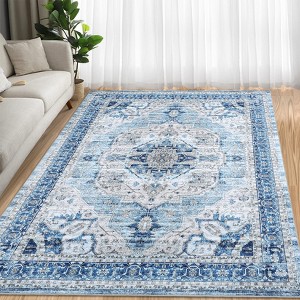 Area Rug 5x7 Washable Vintage Carpet for Office Soft Retro Low Pile Thin Rug Non Slip Oriental Medallion Floor Cover for Bedroom Dining Room - 1 of 4